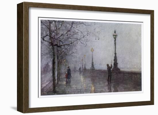 On the Thames Embankment - the Lamplighter Lights the Last of the Gas Lamps-null-Framed Art Print