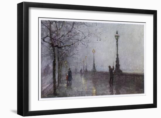 On the Thames Embankment - the Lamplighter Lights the Last of the Gas Lamps-null-Framed Art Print