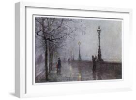 On the Thames Embankment - the Lamplighter Lights the Last of the Gas Lamps-null-Framed Art Print