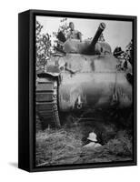 Oncoming View of Tank About to Pass over Foxhole in Which a Soldier is Crouched Down-Myron Davis-Framed Stretched Canvas