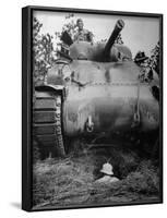 Oncoming View of Tank About to Pass over Foxhole in Which a Soldier is Crouched Down-Myron Davis-Framed Photographic Print