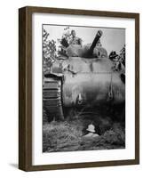 Oncoming View of Tank About to Pass over Foxhole in Which a Soldier is Crouched Down-Myron Davis-Framed Photographic Print