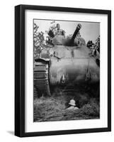 Oncoming View of Tank About to Pass over Foxhole in Which a Soldier is Crouched Down-Myron Davis-Framed Photographic Print