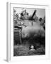 Oncoming View of Tank About to Pass over Foxhole in Which a Soldier is Crouched Down-Myron Davis-Framed Photographic Print