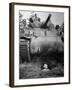 Oncoming View of Tank About to Pass over Foxhole in Which a Soldier is Crouched Down-Myron Davis-Framed Photographic Print