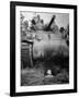 Oncoming View of Tank About to Pass over Foxhole in Which a Soldier is Crouched Down-Myron Davis-Framed Photographic Print