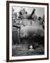 Oncoming View of Tank About to Pass over Foxhole in Which a Soldier is Crouched Down-Myron Davis-Framed Photographic Print