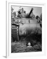 Oncoming View of Tank About to Pass over Foxhole in Which a Soldier is Crouched Down-Myron Davis-Framed Photographic Print