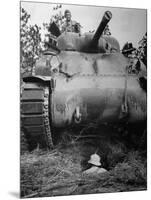 Oncoming View of Tank About to Pass over Foxhole in Which a Soldier is Crouched Down-Myron Davis-Mounted Photographic Print