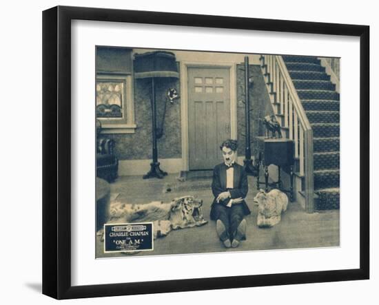 ONE A.M., Charlie Chaplin on lobbycard, 1916-null-Framed Art Print