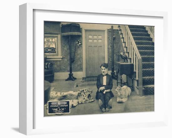 ONE A.M., Charlie Chaplin on lobbycard, 1916-null-Framed Art Print