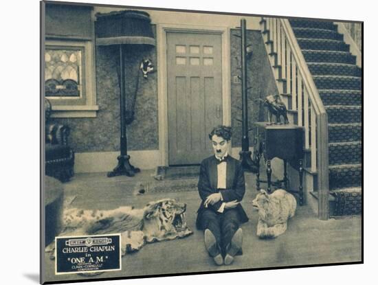 ONE A.M., Charlie Chaplin on lobbycard, 1916-null-Mounted Art Print