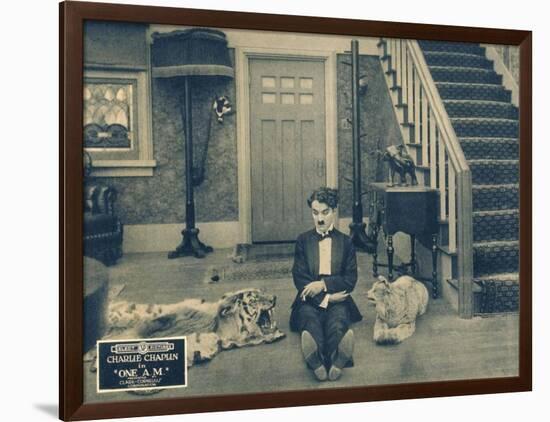 ONE A.M., Charlie Chaplin on lobbycard, 1916-null-Framed Art Print