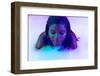 One Beautiful Young Dark Skinned Girl in Milk Bath with Soft Glow in Blue-White Neon Light. Copyspa-master1305-Framed Photographic Print