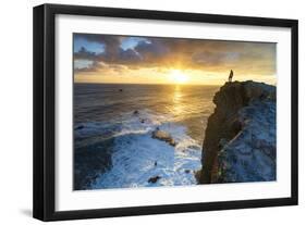 One man watching sunrise over the ocean waves from cliffs, Madeira island, Portugal, Atlantic-Roberto Moiola-Framed Photographic Print