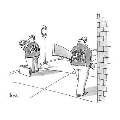 One man with jacket saying 'Speak Softly' is noticed by a man with a jacke…  - New Yorker Cartoon' Premium Giclee Print - Jack Ziegler | AllPosters.com