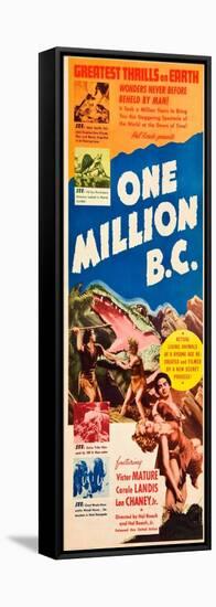 ONE MILLION B.C., left and right: Victor Mature, Carole Landis on insert poster, 1940.-null-Framed Stretched Canvas