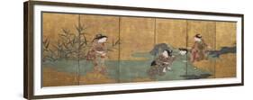 One of a Pair of Six-Leaf Screens Depicting a Group of Three Young Women and an Actor Collecting…-null-Framed Giclee Print