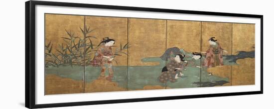 One of a Pair of Six-Leaf Screens Depicting a Group of Three Young Women and an Actor Collecting…-null-Framed Giclee Print