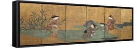 One of a Pair of Six-Leaf Screens Depicting a Group of Three Young Women and an Actor Collecting…-null-Framed Stretched Canvas
