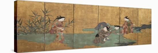 One of a Pair of Six-Leaf Screens Depicting a Group of Three Young Women and an Actor Collecting…-null-Stretched Canvas