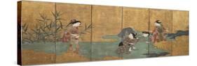 One of a Pair of Six-Leaf Screens Depicting a Group of Three Young Women and an Actor Collecting…-null-Stretched Canvas