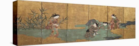 One of a Pair of Six-Leaf Screens Depicting a Group of Three Young Women and an Actor Collecting…-null-Stretched Canvas