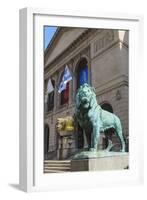 One of Two Bronze Lion Statues Outside the Art Institute of Chicago-Amanda Hall-Framed Photographic Print