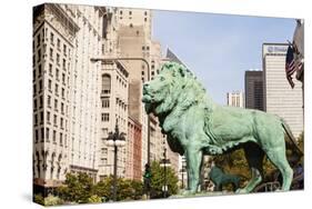 One of Two Iconic Bronze Lion Statues Outside the Art Institute of Chicago, Chicago, Illinois, USA-Amanda Hall-Stretched Canvas