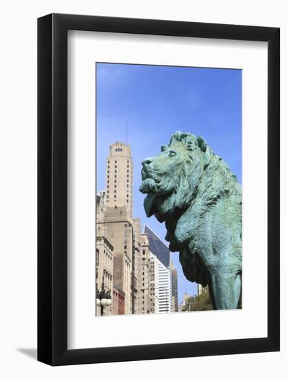 One of Two Iconic Bronze Lion Statues Outside the Art Institute of Chicago, Chicago, Illinois, USA-Amanda Hall-Framed Photographic Print