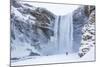 One Person in Red Jacket Walking in the Snow Towards Skogafoss Waterfall in Winter-Neale Clark-Mounted Photographic Print