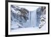 One Person in Red Jacket Walking in the Snow Towards Skogafoss Waterfall in Winter-Neale Clark-Framed Photographic Print