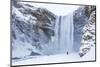 One Person in Red Jacket Walking in the Snow Towards Skogafoss Waterfall in Winter-Neale Clark-Mounted Photographic Print