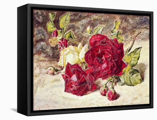 One White and Two Red Roses and Buds-Helen Cordelia Coleman Angell-Framed Stretched Canvas