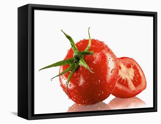 One Whole and One Halved Tomato with Drops of Water-Michael Löffler-Framed Stretched Canvas