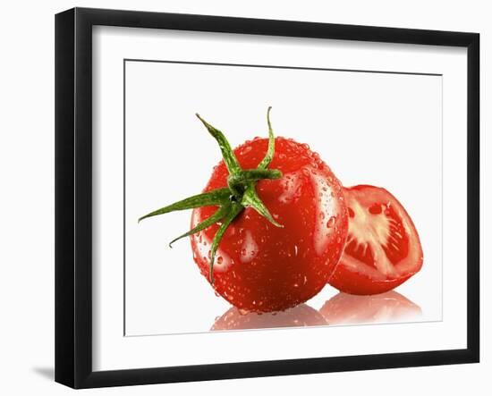 One Whole and One Halved Tomato with Drops of Water-Michael Löffler-Framed Photographic Print