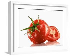 One Whole and One Halved Tomato with Drops of Water-Michael Löffler-Framed Photographic Print