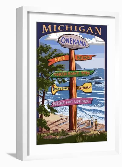 Onekama, Michigan - Sign Post-Lantern Press-Framed Art Print