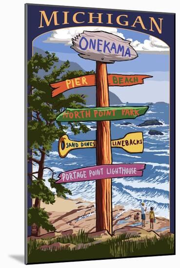 Onekama, Michigan - Sign Post-Lantern Press-Mounted Art Print