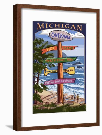 Onekama, Michigan - Sign Post-Lantern Press-Framed Art Print