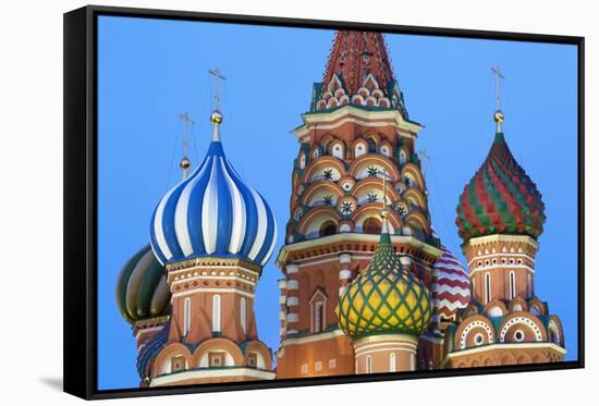 Onion Domes of St. Basil's Cathedral in Red Square Illuminated in the Evening, Moscow, Russia-Martin Child-Framed Stretched Canvas