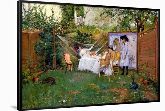 Open Air Breakfast. Date/Period: 1888. Painting. Oil on canvas. Height: 951 mm (37.44 in); Width...-William Merritt Chase-Framed Poster