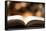 Open Book on Wooden Table with Bokeh Effect in the Background-Chris_Elwell-Framed Stretched Canvas