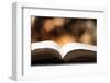 Open Book on Wooden Table with Bokeh Effect in the Background-Chris_Elwell-Framed Premium Photographic Print