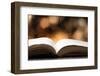 Open Book on Wooden Table with Bokeh Effect in the Background-Chris_Elwell-Framed Photographic Print