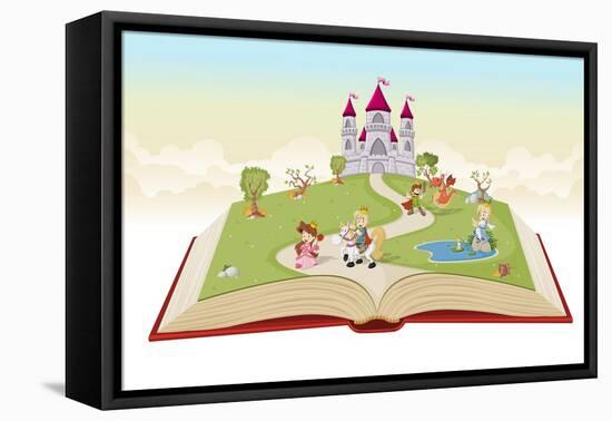 Open Book with Cartoon Princesses and Princes in Front of a Castle.-Denis Cristo-Framed Stretched Canvas