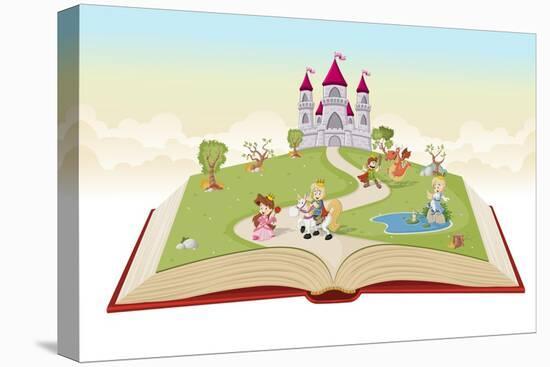 Open Book with Cartoon Princesses and Princes in Front of a Castle.-Denis Cristo-Stretched Canvas