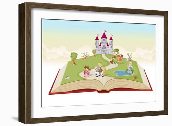 Open Book with Cartoon Princesses and Princes in Front of a Castle.-Denis Cristo-Framed Premium Giclee Print