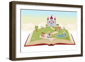 Open Book with Cartoon Princesses and Princes in Front of a Castle.-Denis Cristo-Framed Premium Giclee Print