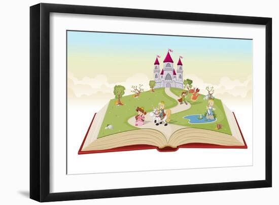 Open Book with Cartoon Princesses and Princes in Front of a Castle.-Denis Cristo-Framed Premium Giclee Print